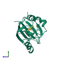 PDB entry 3pyp coloured by chain, side view.