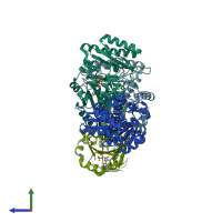 PDB entry 3q10 coloured by chain, side view.