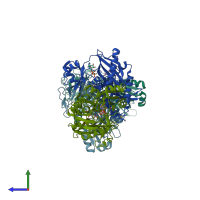 PDB entry 3q1k coloured by chain, side view.