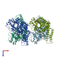 PDB entry 3q5e coloured by chain, top view.