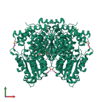 Homo dimeric assembly 1 of PDB entry 3q7i coloured by chemically distinct molecules, front view.