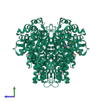 Homo dimeric assembly 1 of PDB entry 3q7i coloured by chemically distinct molecules, side view.