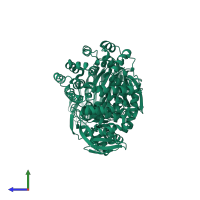 Monomeric assembly 2 of PDB entry 3q7j coloured by chemically distinct molecules, side view.