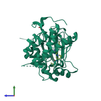 PDB entry 3qd4 coloured by chain, side view.