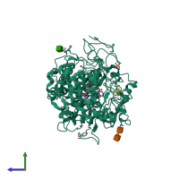 PDB entry 3qf1 coloured by chain, side view.