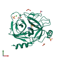 PDB entry 3qk1 coloured by chain, front view.