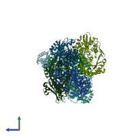 PDB entry 3qke coloured by chain, side view.