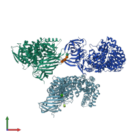 PDB entry 3qnf coloured by chain, front view.