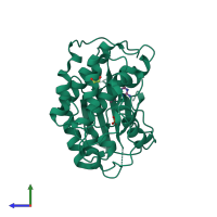 PDB entry 3qqj coloured by chain, side view.