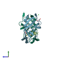 PDB entry 3qro coloured by chain, side view.