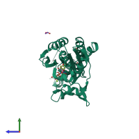 PDB entry 3qtc coloured by chain, side view.