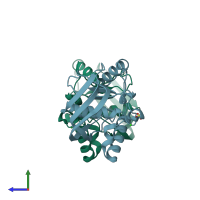 PDB entry 3qu1 coloured by chain, side view.