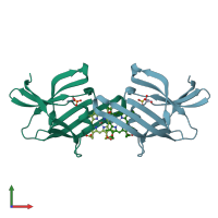 PDB entry 3qug coloured by chain, front view.