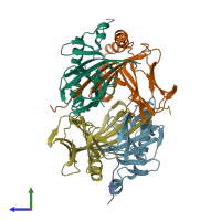 PDB entry 3qxd coloured by chain, side view.