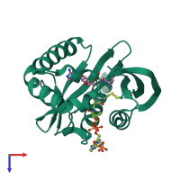 Monomeric assembly 2 of PDB entry 3r9f coloured by chemically distinct molecules, top view.