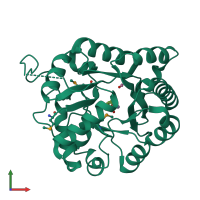 PDB entry 3rcm coloured by chain, front view.