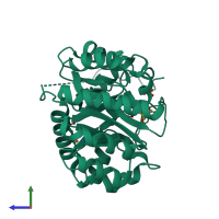 PDB entry 3rcm coloured by chain, side view.