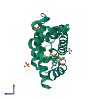 PDB entry 3rgk coloured by chain, side view.