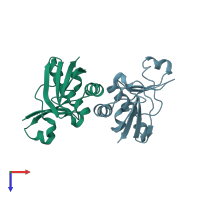 PDB entry 3rhu coloured by chain, top view.