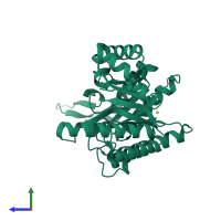 Monomeric assembly 4 of PDB entry 3ro8 coloured by chemically distinct molecules, side view.