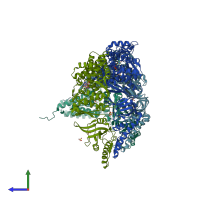 PDB entry 3rus coloured by chain, side view.