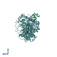 PDB entry 3rvh coloured by chain, side view.