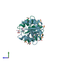 PDB entry 3rvp coloured by chain, side view.