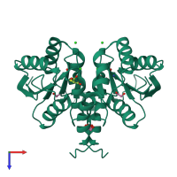 Homo dimeric assembly 1 of PDB entry 3sgw coloured by chemically distinct molecules, top view.