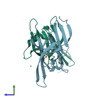 PDB entry 3sz6 coloured by chain, side view.