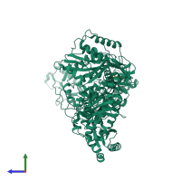 Homo dimeric assembly 1 of PDB entry 3t19 coloured by chemically distinct molecules, side view.