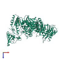 Homo dimeric assembly 1 of PDB entry 3t19 coloured by chemically distinct molecules, top view.