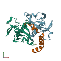 PDB entry 3tcj coloured by chain, front view.