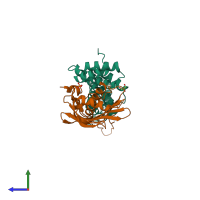 Hetero dimeric assembly 1 of PDB entry 3tgo coloured by chemically distinct molecules, side view.