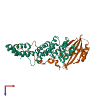 Hetero dimeric assembly 1 of PDB entry 3tgo coloured by chemically distinct molecules, top view.
