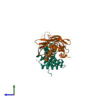 Hetero dimeric assembly 2 of PDB entry 3tgo coloured by chemically distinct molecules, side view.