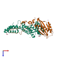 Hetero dimeric assembly 2 of PDB entry 3tgo coloured by chemically distinct molecules, top view.