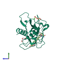 PDB entry 3tvc coloured by chain, side view.