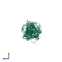Homo dimeric assembly 1 of PDB entry 3twj coloured by chemically distinct molecules, side view.