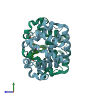 PDB entry 3ui0 coloured by chain, side view.