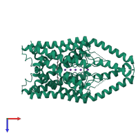 Homo dimeric assembly 1 of PDB entry 3ukm coloured by chemically distinct molecules, top view.