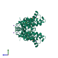 Homo dimeric assembly 1 of PDB entry 3umb coloured by chemically distinct molecules, side view.