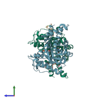 PDB entry 3upb coloured by chain, side view.