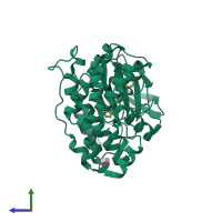 PDB entry 3uvp coloured by chain, side view.