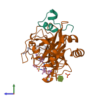 Hetero trimeric assembly 1 of PDB entry 3uwj coloured by chemically distinct molecules, side view.