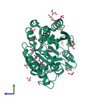 PDB entry 3v38 coloured by chain, side view.