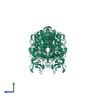 Homo dimeric assembly 2 of PDB entry 3vb9 coloured by chemically distinct molecules, side view.