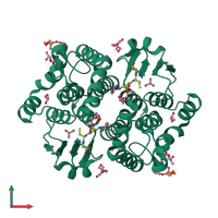 Homo dimeric assembly 1 of PDB entry 3vpq coloured by chemically distinct molecules, front view.