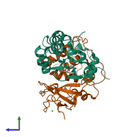 PDB entry 3x28 coloured by chain, side view.