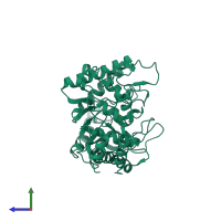 PDB entry 3xis coloured by chain, side view.