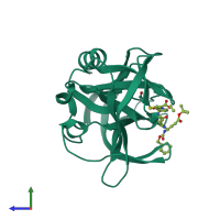 PDB entry 3zvc coloured by chain, side view.